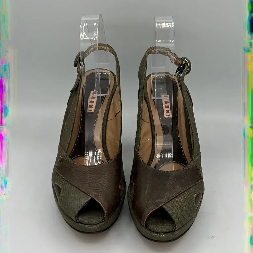 Marni Green Canvas & Brown Leather Peep Toe Slingback Platform Heels EU 40 US 10